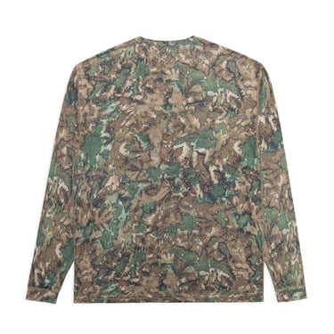 Back view of a long-sleeve athletic T-shirt featuring an all-over brown, olive green, and cream camouflage-style print, with contrasting brown seam detailing along the shoulders, sides, cuffs, and hem. The relaxed-fit shirt has a crew neckline and is made from breathable athletic fabric. Displayed against a plain white background.