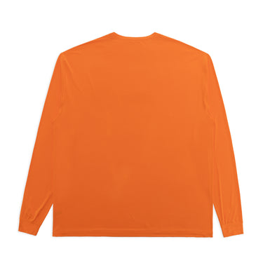 Back view of an orange long-sleeve athletic T-shirt featuring a plain back with no visible graphics, a crew neckline, and ribbed cuffs. The relaxed-fit shirt is made from breathable athletic fabric. Displayed against a plain white background.