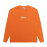 Front view of an orange long-sleeve athletic T-shirt featuring a reflective silver “DÉPT.” logotype at the center chest, a crew neckline, and long sleeves with fitted cuffs. The relaxed-fit shirt is made from breathable athletic fabric. Displayed against a plain white background.