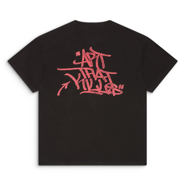 Back view of a black short sleeve tee featuring a red "ART THAT KILLS" graphic across the upper back.