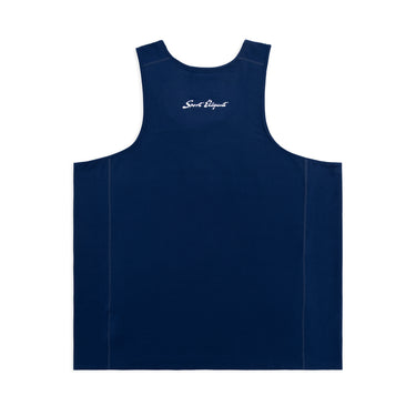 Back view of a navy blue sleeveless athletic tank top featuring small white “Sport Elegant” script lettering below the neckline, wide shoulder straps, and vertical seam detailing along the sides. The relaxed-fit top is made from breathable, perforated athletic fabric. Displayed against a plain white background.