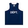 Front view of a navy blue sleeveless athletic tank top featuring a large white “DÉPT.” logotype across the chest, a scoop neckline, wide shoulder straps, and visible vertical seam detailing. The relaxed-fit top is made from breathable, perforated athletic fabric. Displayed against a plain white background.