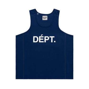 Front view of a navy blue sleeveless athletic tank top featuring a large white “DÉPT.” logotype across the chest, a scoop neckline, wide shoulder straps, and visible vertical seam detailing. The relaxed-fit top is made from breathable, perforated athletic fabric. Displayed against a plain white background.
