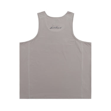 Back view of a taupe sleeveless athletic tank top featuring small dark “Sport Elegant” script lettering below the neckline, broad shoulder straps, and tonal seam detailing along the sides. The relaxed-fit top is made from breathable perforated athletic fabric. Displayed against a plain white background.