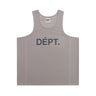 Front view of a taupe sleeveless athletic tank top featuring a large black “DÉPT.” logotype across the chest, a wide scoop neckline, broad shoulder straps, and tonal seam detailing along the sides. The relaxed-fit top is made from breathable perforated athletic fabric. Displayed against a plain white background.