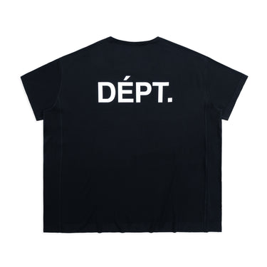 Back view of a unisex black short-sleeve athletic T-shirt featuring an enlarged white “DÉPT.” logotype across the upper back. The boxy-fit shirt has a crew neckline, tonal seam detailing along the shoulders, sleeves, and sides, and a perforated lower hem panel. Displayed against a plain white background.