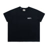 Front view of a unisex black short-sleeve athletic T-shirt featuring a small white “DÉPT.” logotype on the chest, a crew neckline, and tonal seam detailing along the shoulders, sleeves, and sides. The boxy-fit shirt is made from breathable perforated athletic fabric, with a perforated panel extending along the lower hem. Displayed against a plain white background.