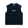 Front view of a black sleeveless tee laid flat against a white background, featuring a relaxed fit, a crew neckline, and a rectangular black patch sewn onto the front center with distressed white “DÉPT.” logotype. The garment has a subtle faded wash throughout, with a small brand label visible at the neckline.