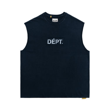 Front view of a black sleeveless tee laid flat against a white background, featuring a relaxed fit, a crew neckline, and a rectangular black patch sewn onto the front center with distressed white “DÉPT.” logotype. The garment has a subtle faded wash throughout, with a small brand label visible at the neckline.