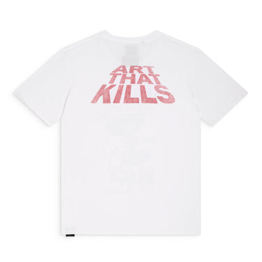 Back of white short sleeve T-shirt featuring an enlarged faded red "ART THAT KILLS" logo graphic across the upper back.