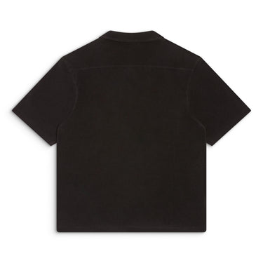 Back of black short sleeve button-up shirt with a clean, unprinted design.
