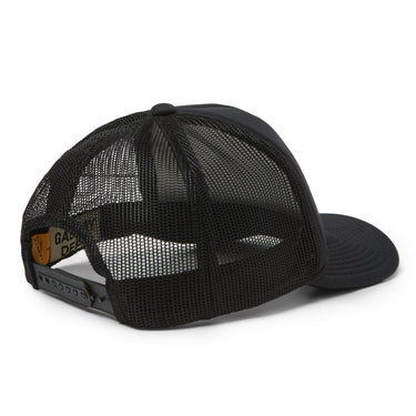 Back view of a black trucker hat featuring black mesh rear panels, an adjustable black snapback closure, and a six-panel construction. 