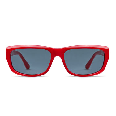 Front head on view of red rectangular sunglasses with dark gray lenses, shown on a plain white background.