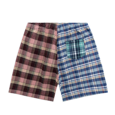 Front view of plaid patchwork athletic shorts laid flat against a white background, featuring contrasting burgundy and pink plaid on the left side and blue and green plaid on the other, with an elastic waistband and above-the-knee cut.