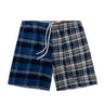 Front view of blue plaid athletic shorts laid flat against a white background, featuring contrasting navy and light blue plaid panels, an elastic drawstring waistband with white drawstrings, above-the-knee length, and a subtle “GALLERY DEPT.” logotype in black near the hem.