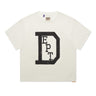 White short sleeve T-shirt featuring a large black "DEPT." university-style graphic printed on the front.