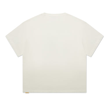 Back of white short sleeve T-shirt with a clean, unprinted design.