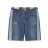 Front view of blue denim shorts laid flat against a white background, featuring a five-pocket design, contrasting lighter blue panels along the outer legs, subtle fading, and copper-tone stitching. The shorts have belt loops, a button closure, and a zip fly, with multiple labels visible along the waistband and frayed raw hems.