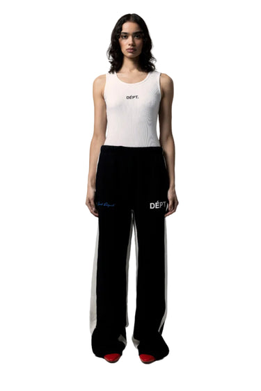 female model wearing a white sleeveless top with a small black 'DEPT.' logo on the chest and black wide-leg pants on a white background.