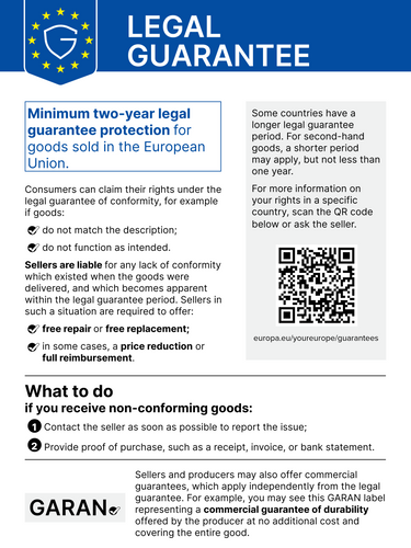 EU legal guarantee notice: consumers have a legal guarantee of at least two years if goods are faulty. See the text and link below for details.