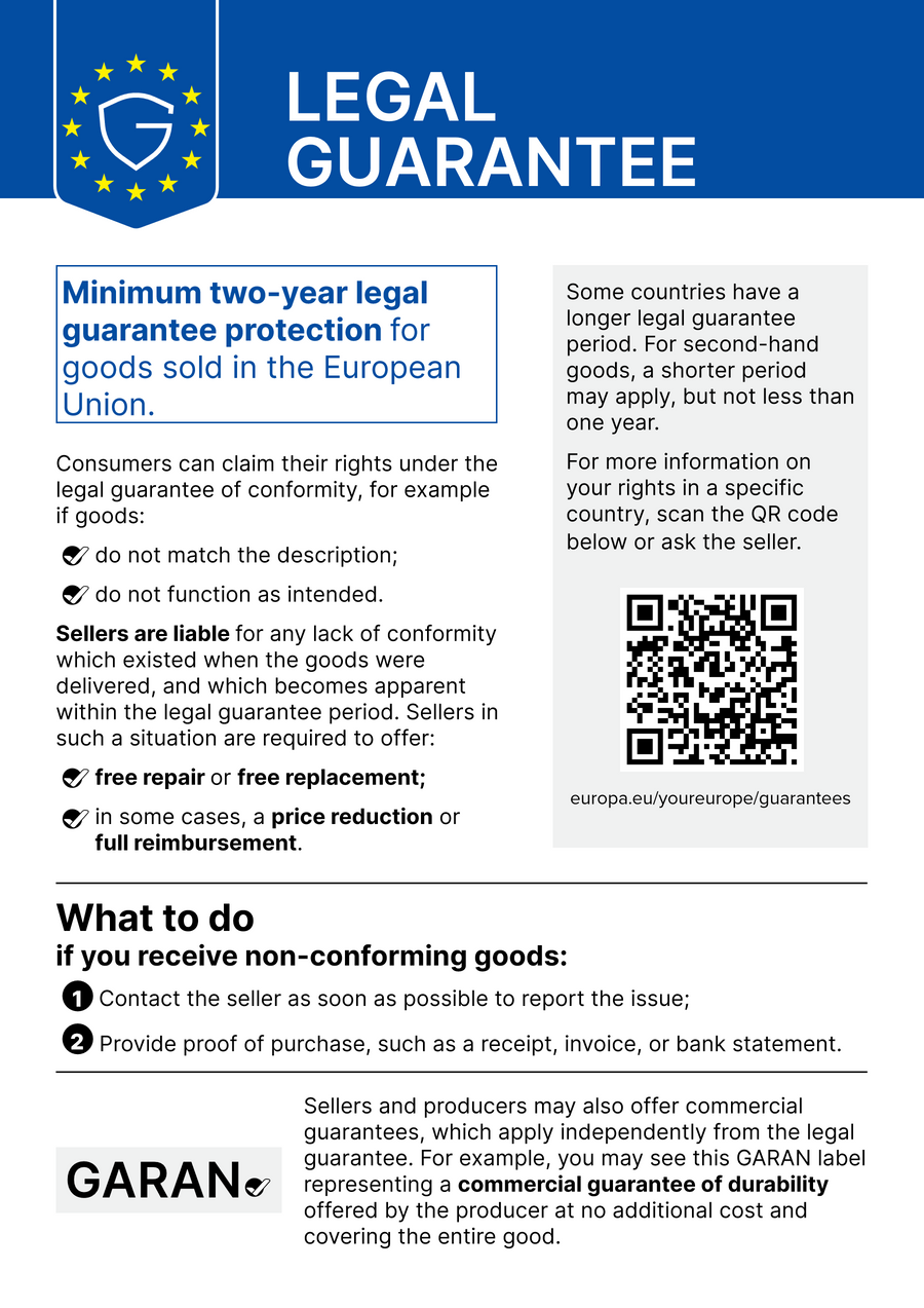 EU legal guarantee notice: consumers have a legal guarantee of at least two years if goods are faulty. See the text and link below for details.